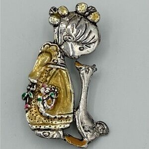 Vintage OPN Signed Girl with Goose Figural Brooch Two Tone Enamel Nursery Rhyme